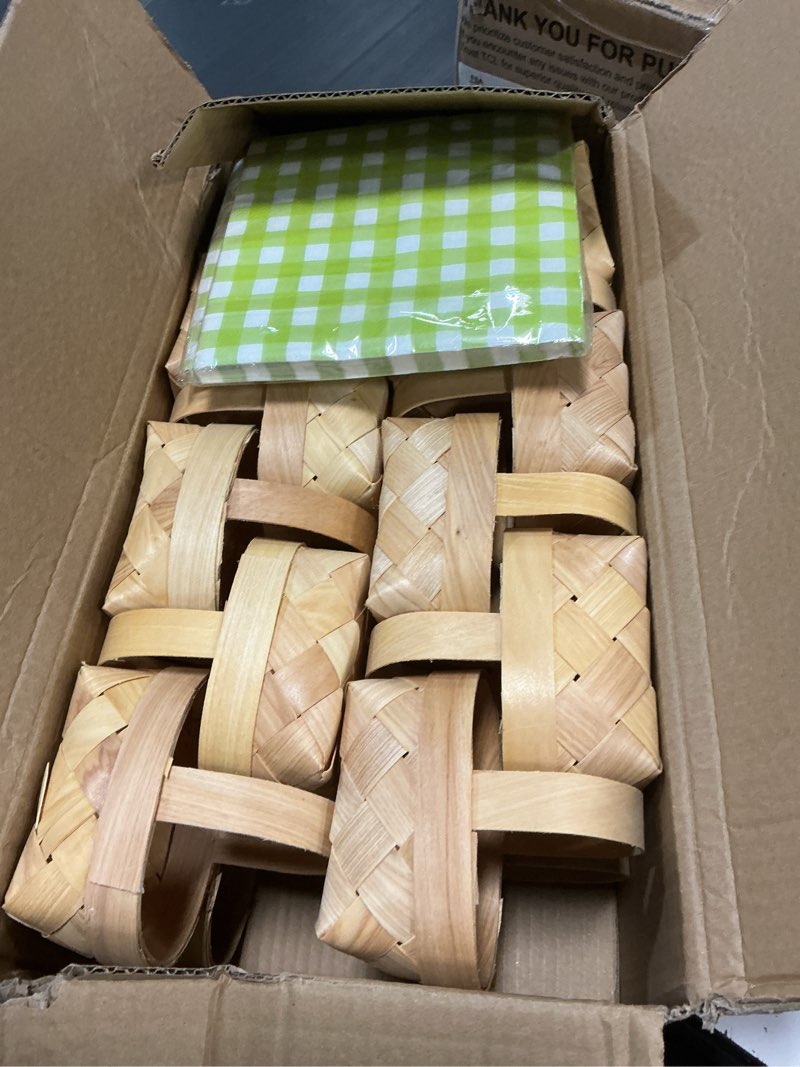 Condition photo showing Good Condition for 24 pcs mini woven baskets with handles 24 paper napkins 30 plastic bags 30 multicolor bows 30 metallic twist ties flower fruit picnic chip bucket for wedding party gift decoration (green plaid)