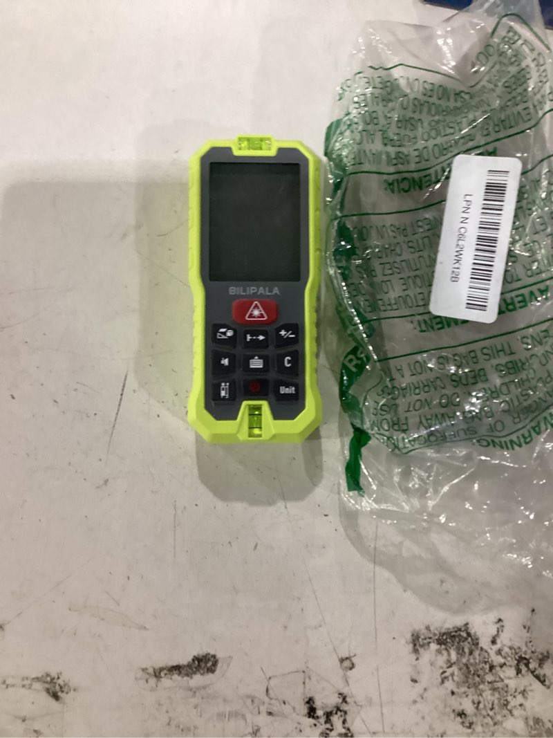 Condition photo showing Good Condition for laser measure, 165ft digital laser distance meter with 2 bubble levels, 2" backlit lcd, high precision laser measuring tool,area measurement,volume and pythagoras, mute, battery included