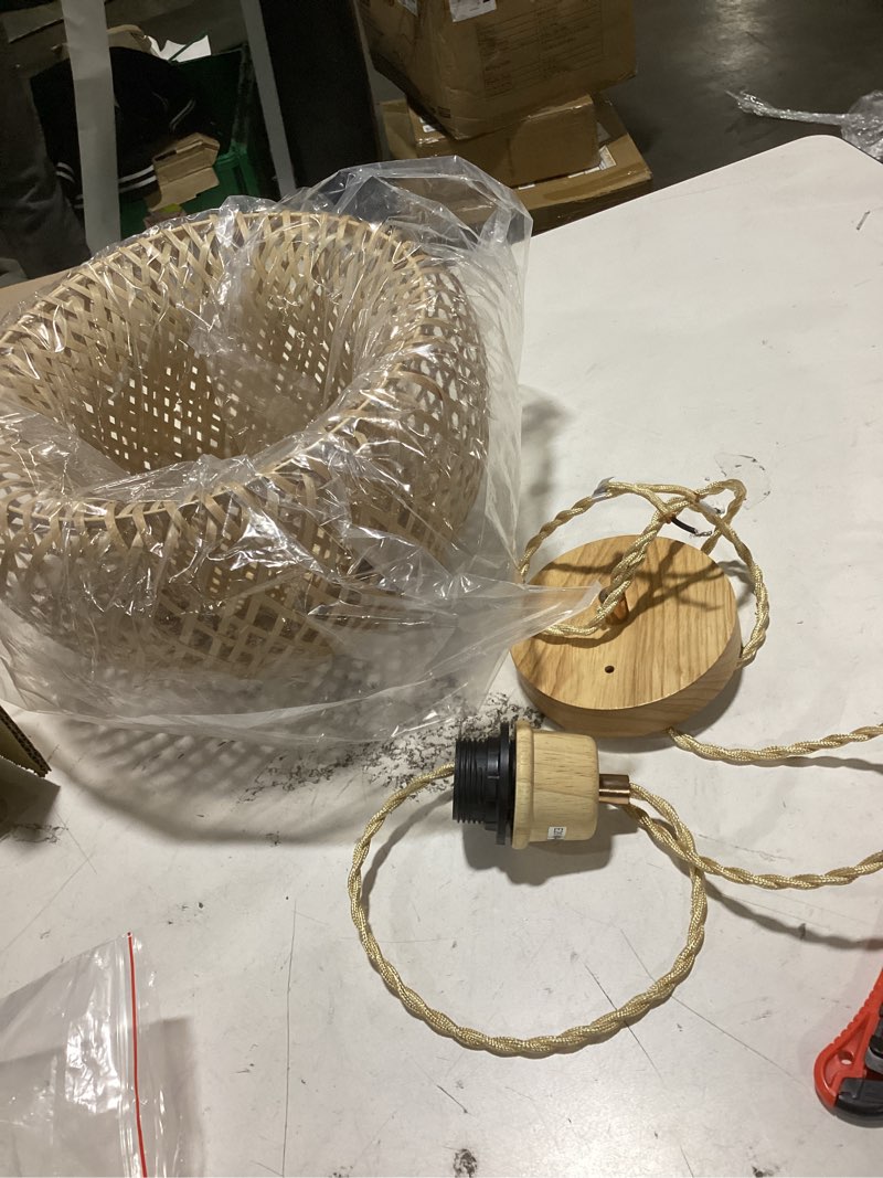 Condition photo showing As Is for (similar to )bamboo pendant light, 11.8inch hand-woven natural wicker rattan bamboo lamp, beige boho hanging chandelier, rustic island dining ceiling light for living room, kitchen, farmhouse, bedroom 11.8inch beige