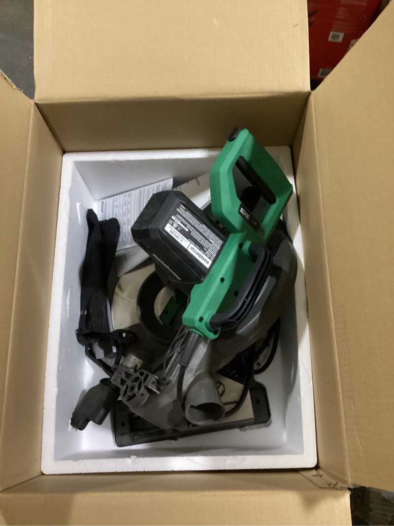 Condition photo showing As Is for metabo hpt 10-inch single bevel compound miter saw, 15-amp power saw with xact cut shadow line, single bevel 0-45°, 40t tct miter saw blade, c10fcg2