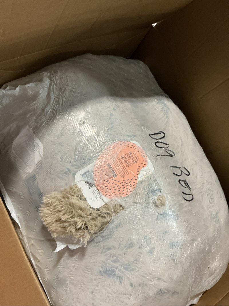 Condition photo showing As Is for best friends by sheri the original calming donut dog bed for large dogs up to 100 lbs, shag faux fur, taupe, large, 36" x 36" taupe shag large