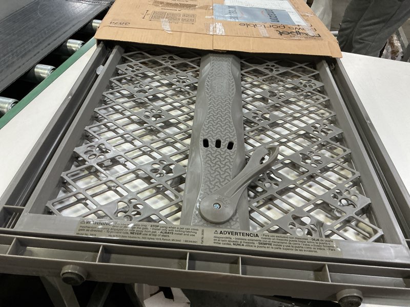 Condition photo showing As Is for MYPET North States Paws Portable Pet Gate: 26-40" Wide. Pressure Mount. No Tools Needed. Made in USA, 23" Tall, Expandable, Durable Dog Gates for Doorways, Fieldstone Gray