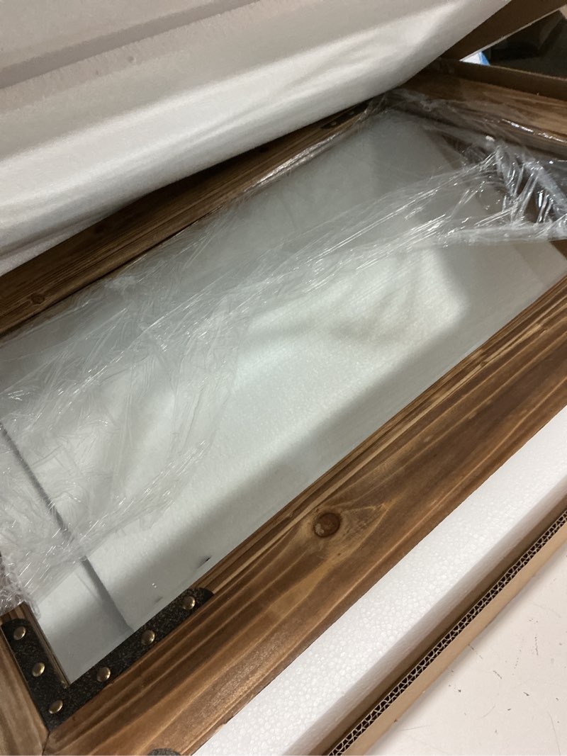 Condition photo showing Good Condition for rustic bathroom mirror 24"x36", handcrafted farmhouse vanity mirror with solid wood framed & metal rivet accents, rectangular wall mirror for over sink, entryway, living room walnut brown 36"l x 24"w