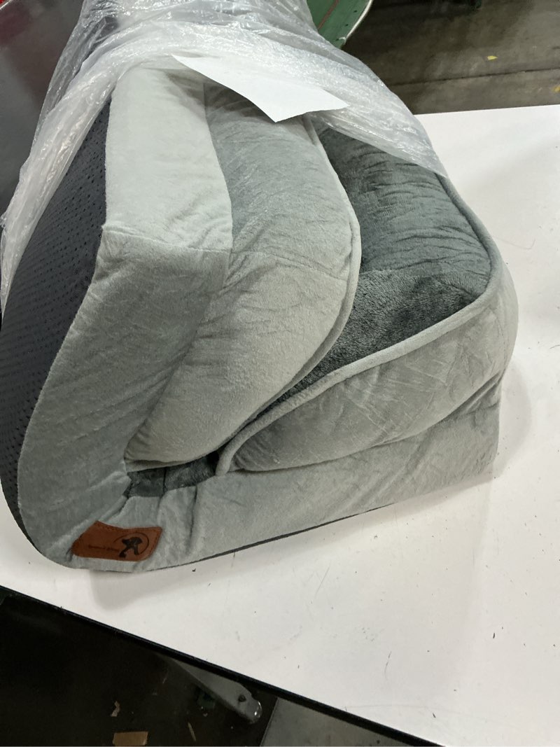 Condition photo showing As Is for spotted play orthopedic dog bed with sides - dog sofa beds for medium dogs, supportive foam pet couch bed with washable removable cover, waterproof lining and non-slip bottom, grey - m 28.0"l x 23.0"w x 6.5"th grey