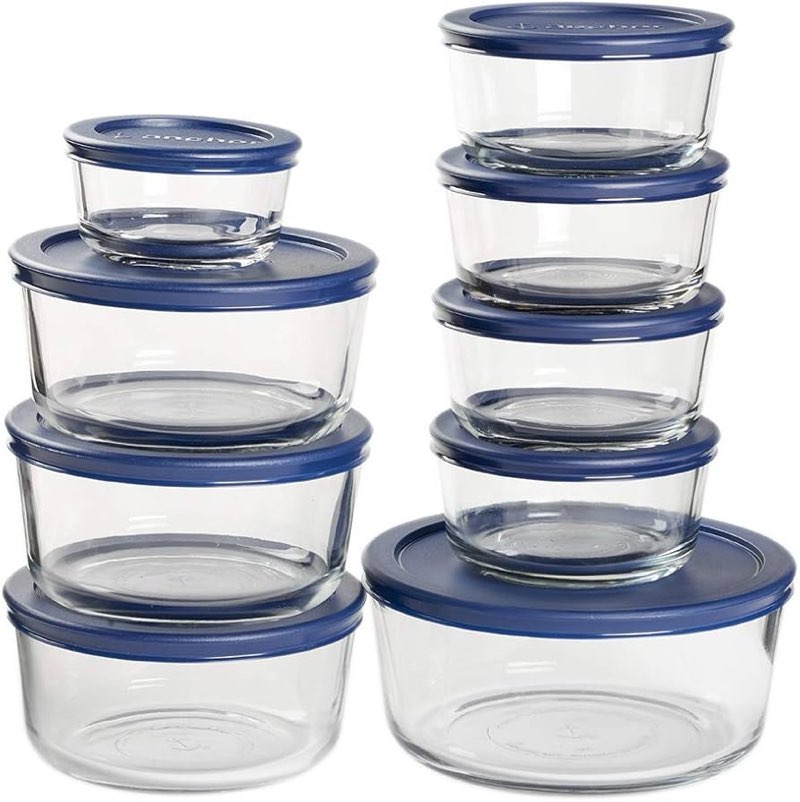 anchor hocking 18 piece glass storage containers with lids (9 glass food storage containers & 9 navy blue snugfit lids)