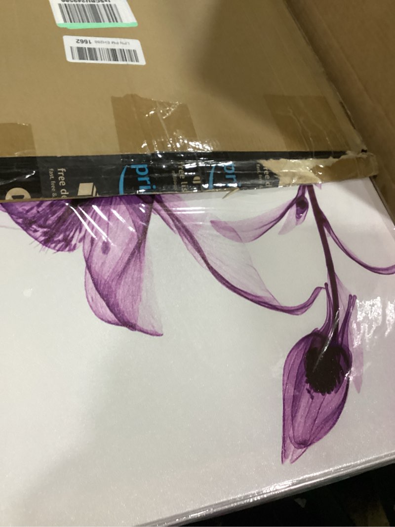 Condition photo showing As Is for Meigan Art Modern Canvas Wall Art Home Decor Wall Art Painting Purple Flowers Art Wood Inside Framed Ready to Hang (12InchX16InchX3) 12''X16''X3panel purple