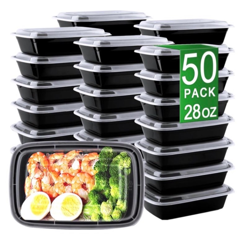 PIRTA 50 Pack(250-Piece) 28 oz Meal Prep Containers Reusable with Lids & Clear Plastic Silverware Se