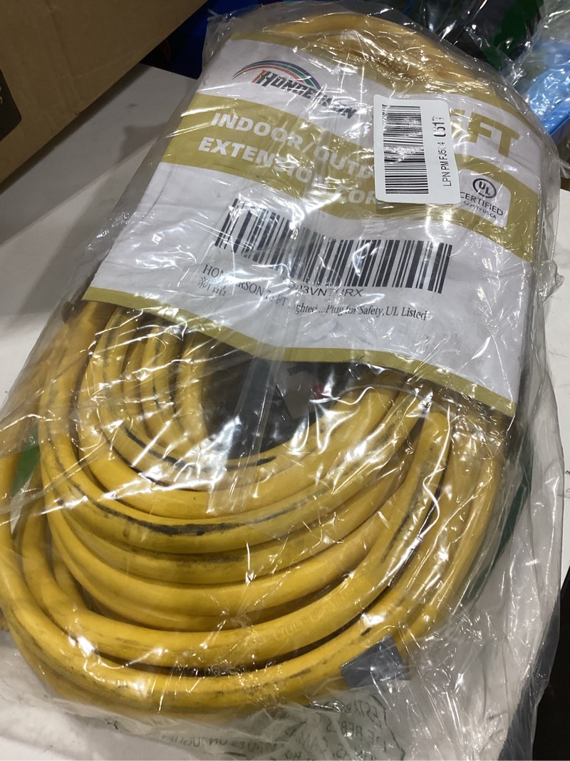 Condition photo showing As Is for 3-Outlets Indoor Outdoor Extension Cord Weatherproof with Lighted End, UL Certified, 12 Gauge 75FT Yellow 3 Prong Heavy Duty, 12/3 SJTW 15A Extension Cord 75FT 12/3 Yellow
