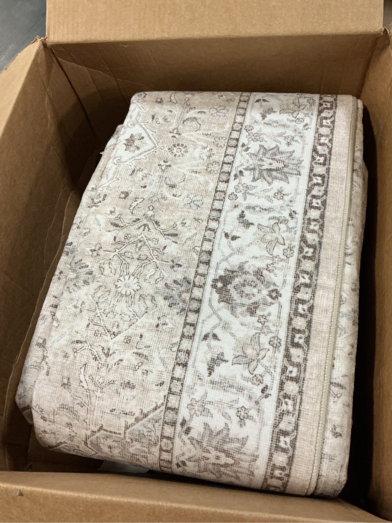 Condition photo showing Good Condition for 6x6 rug square living room: washable 6ft square soft distressed oriental area rugs non-slip backing farmhouse rug low pile thin stain resistant indoor carpets, 6'square ivory/multi 6' x 6' (square) ivory