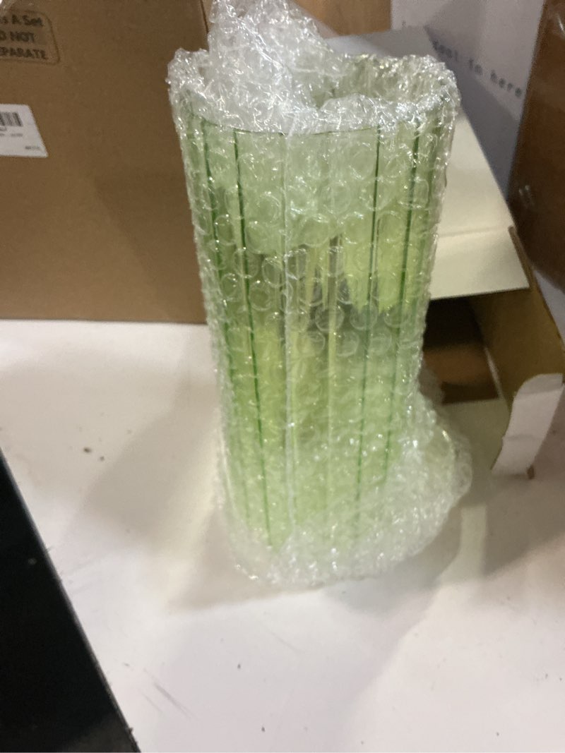 Condition photo showing New/Like New for 6 pack 8 inch tall ribbed glass cylinder vases bulk, clear green decorative flower vases for wedding, table centerpieces, housewarming gift home decor set 8 inch green 6