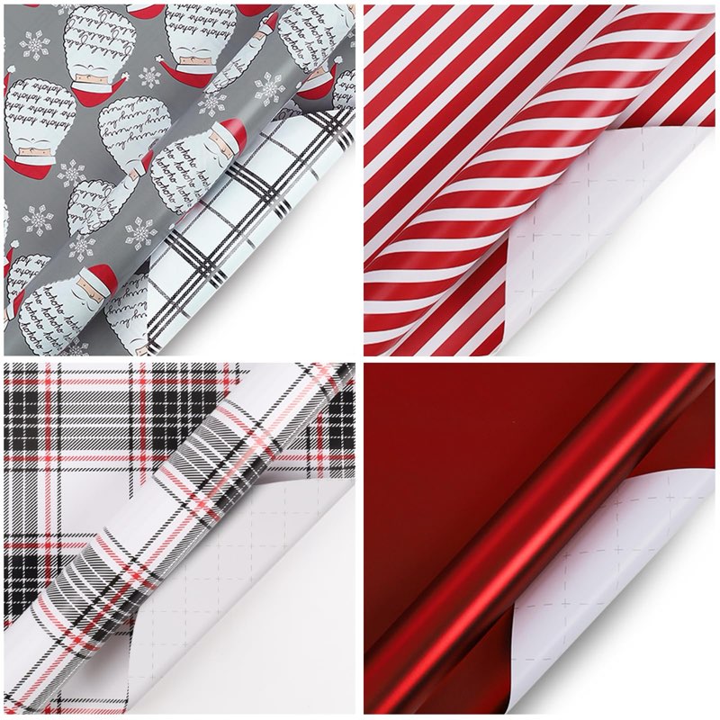 BIOBROWN Christmas Wrapping Paper with Tags and Trim Ribbon Assortment - 30" X 10' Per Roll (4 Rolls: 100 sq. ft. ttl.) - Presents Cane Design for Christmas, Party, Xmas, Holiday Christmas Presents