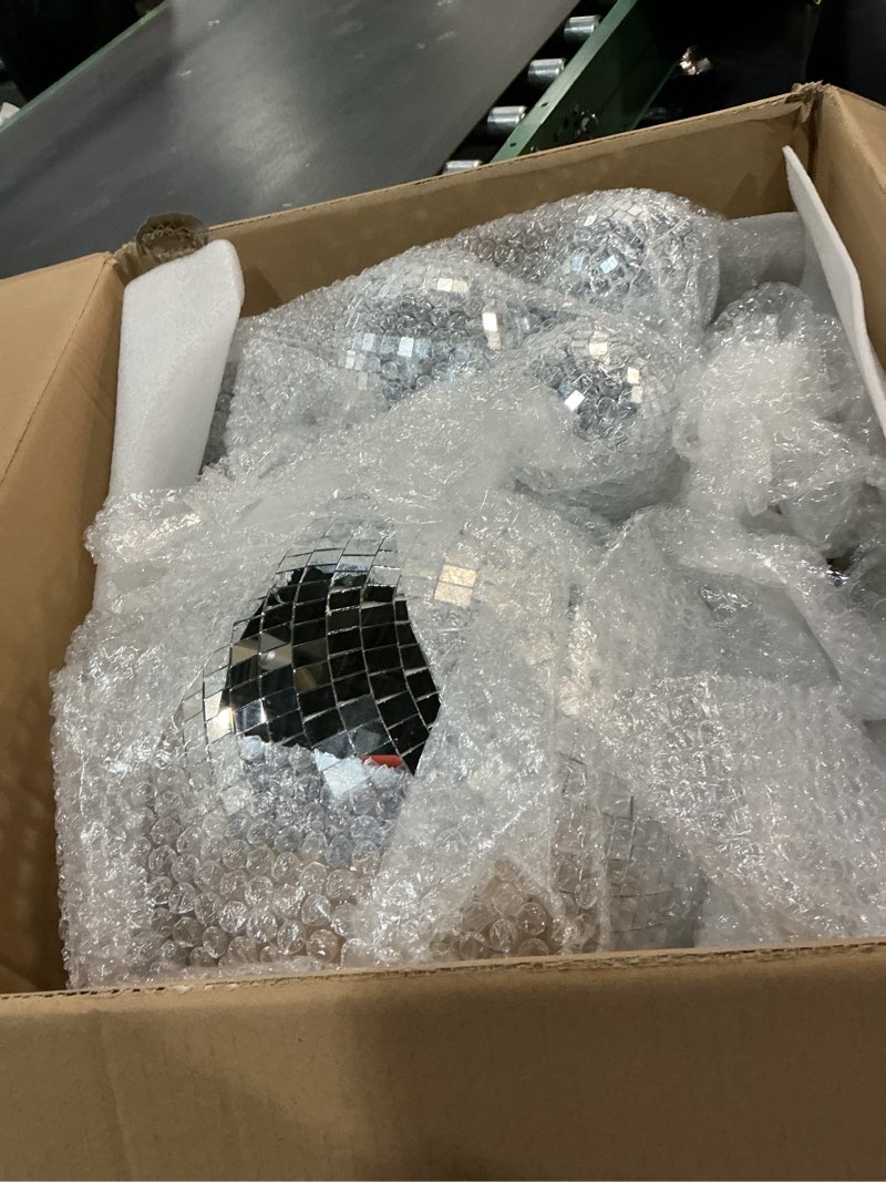 Condition photo showing Good Condition for Haull 8 Pcs Large Disco Ball Set Silver Mirror Disco Reflective Ball with Hanging Ring Party Ornament Decoration for Stage Club Ballroom Dance Hall Wedding Prom Props(12'', 8'', 6'', 4'')
