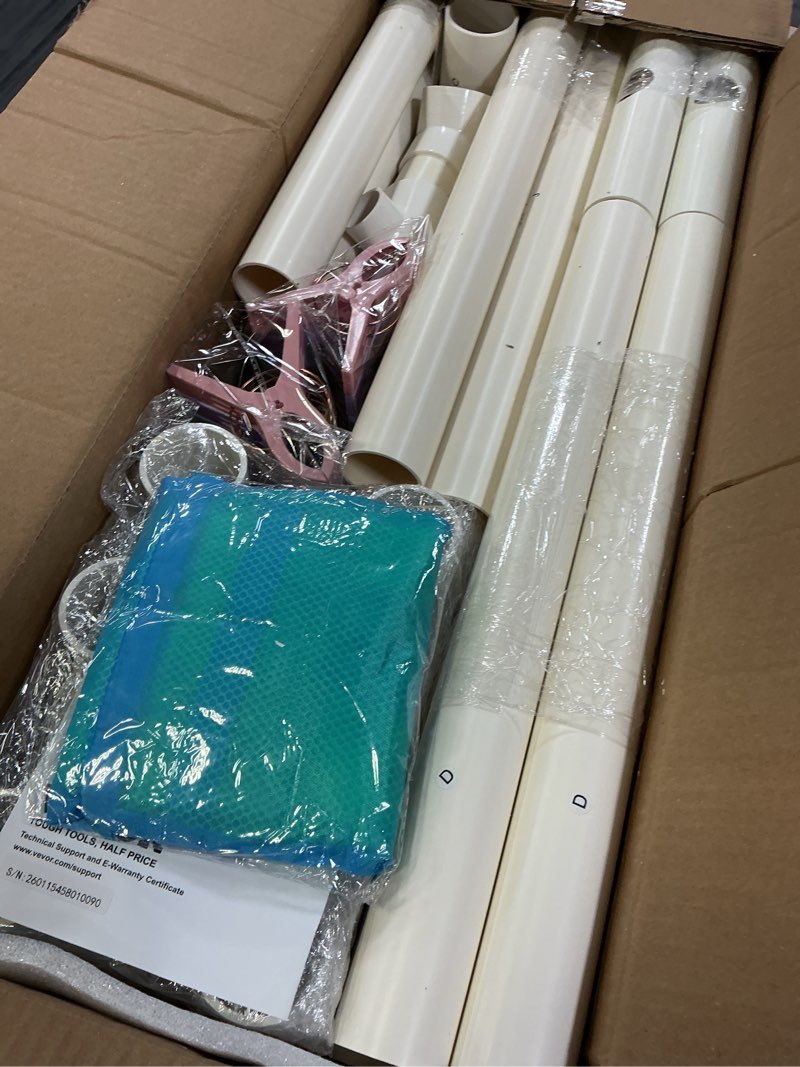 Condition photo showing New/Like New for vevor pool towel rack, 5 bar, white, freestanding outdoor pvc trapedozal poolside storage organizer, include 8 towel clips, mesh bag, hook, also stores floats and paddles, for beach, swimming pool white 5 bar