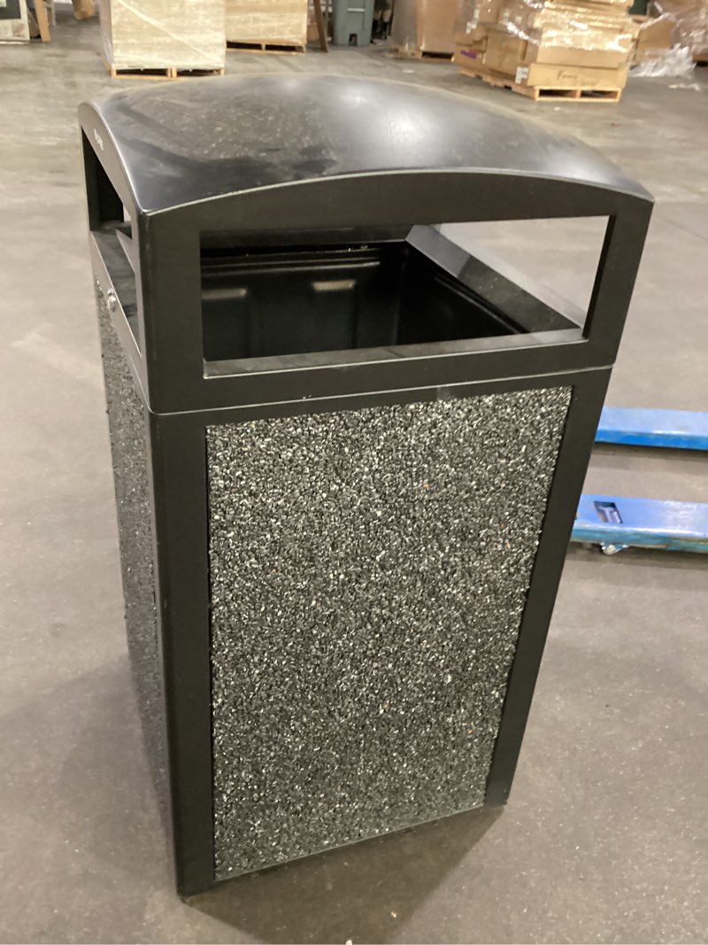 Condition photo showing As Is for alpine industries 40 gallon commercial outdoor trash can, metal with removable bin & locking lid (black, grey stone)