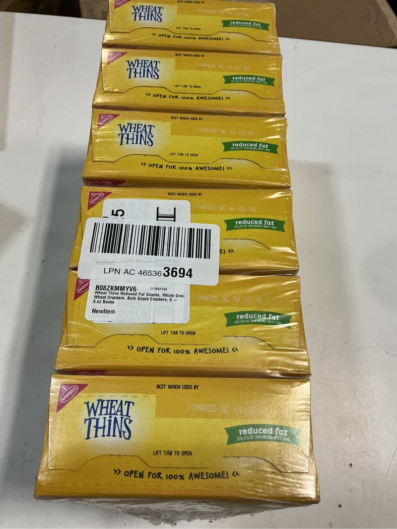 Condition photo showing New/Like New for Wheat Thins Reduced Fat Whole Grain Wheat Crackers, 8 Oz, 6 Count ( Bb 11/MAR/2026) 