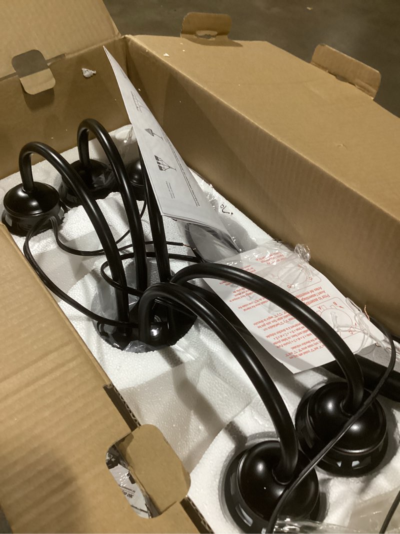 Condition photo showing Good Condition for MELUCEE 5 Lights Chandeliers for Dining Room Traditional Chandelier Classic Black Pendant Light with Milky White Glass Shade, Mid Century Modern Chandelier for Kitchen Foyer Bedroom Black 5 Lights