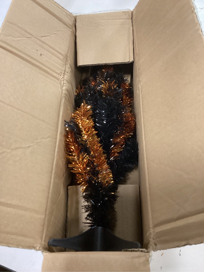 Condition photo showing Good Condition for National Tree Company Tinsel Tree, Black, Orange, Halloween Collection, 24 in
