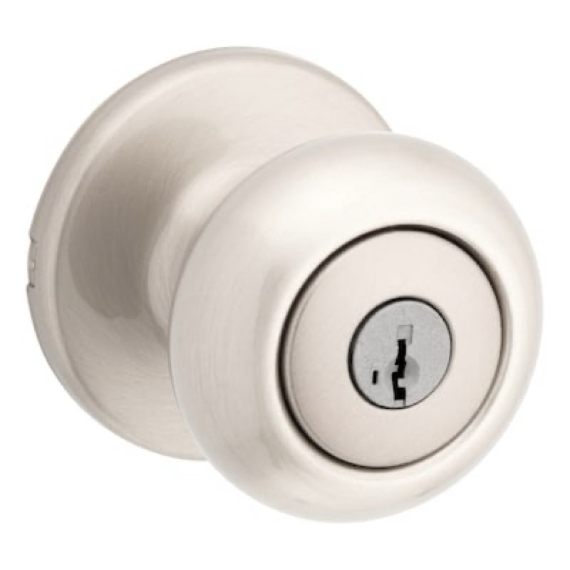 Condition photo showing As Is for kwikset cove satin nickel exterior keyed entry door knob ft. smartkey security