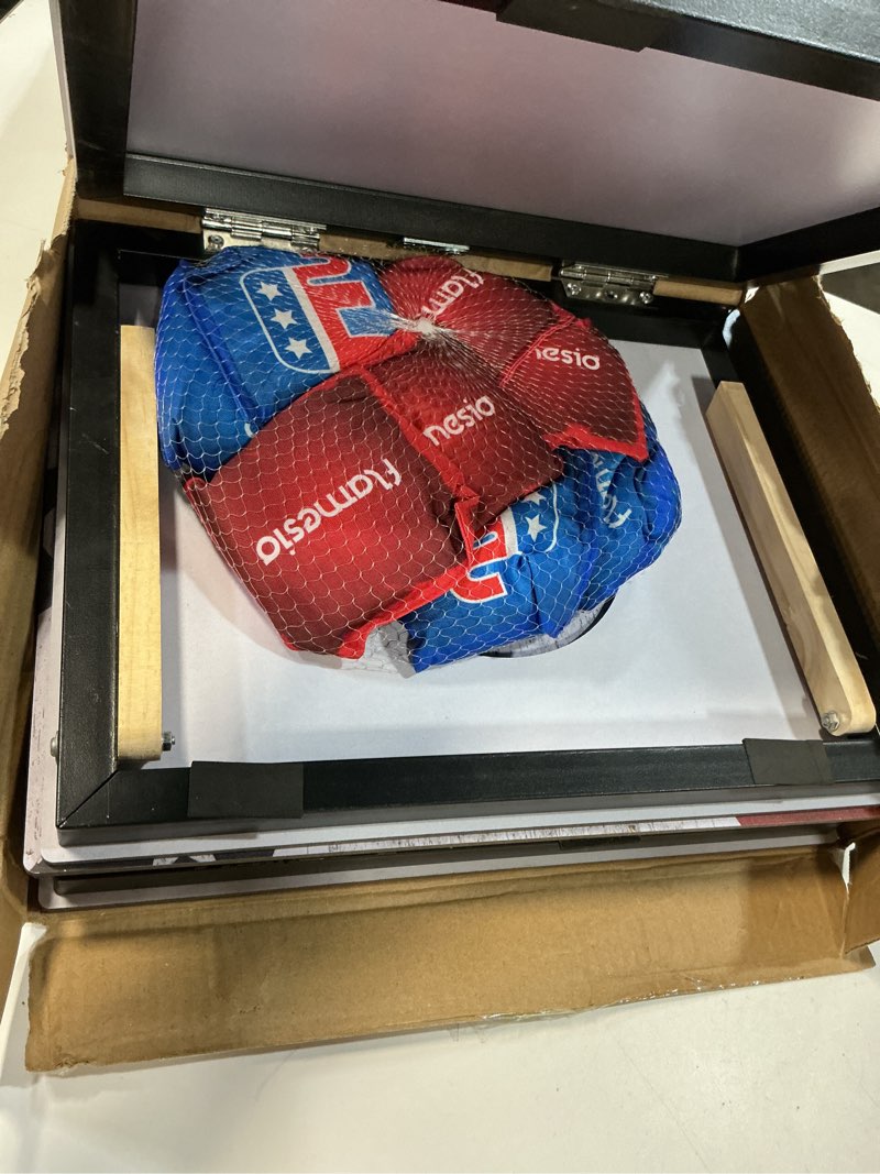 Condition photo showing New/Like New for Portable Cornhole Board Set 2x1.3ft | 24"x16": Cornhole Set Outdoor Backyard Corn Hole Toss Game for Party Beach | 2 Foldable Wooden Corn Hole Boards, 8 Bean Bags, 1 Carrying Bag American Flag