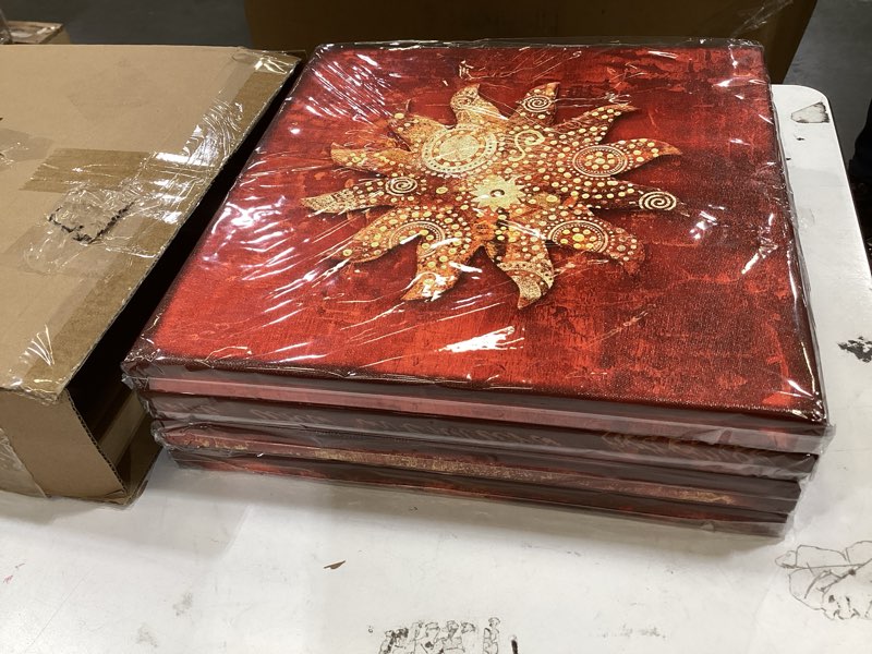Condition photo showing Good Condition for vintage flowers pattern canvas prints wall art for bathroom 4 piece framed artwork abstract red sunflower picture ready to hang for home decoration 12x12 red framed 12"x12"x4pcs