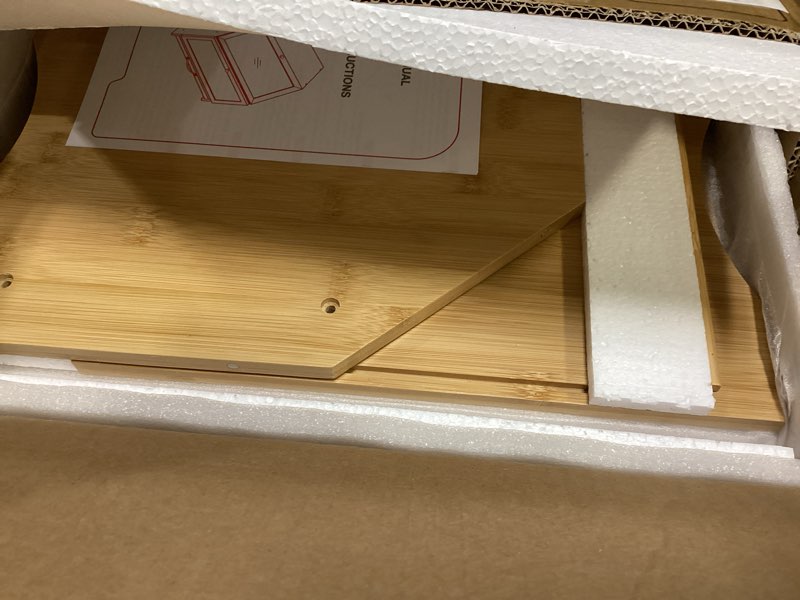 Condition photo showing Good Condition for maisonpex double layer bamboo bread box for kitchen countertop, cutting board, and stainless steel bread knife, large capacity storage container with clear windows (self-assembly) brown