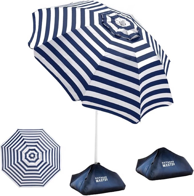 outdoormaster  beach umbrellas for sand with sandbag & anchor | adjustable umbrella for beach, wind resistant, portable  sunshade with carry bag for