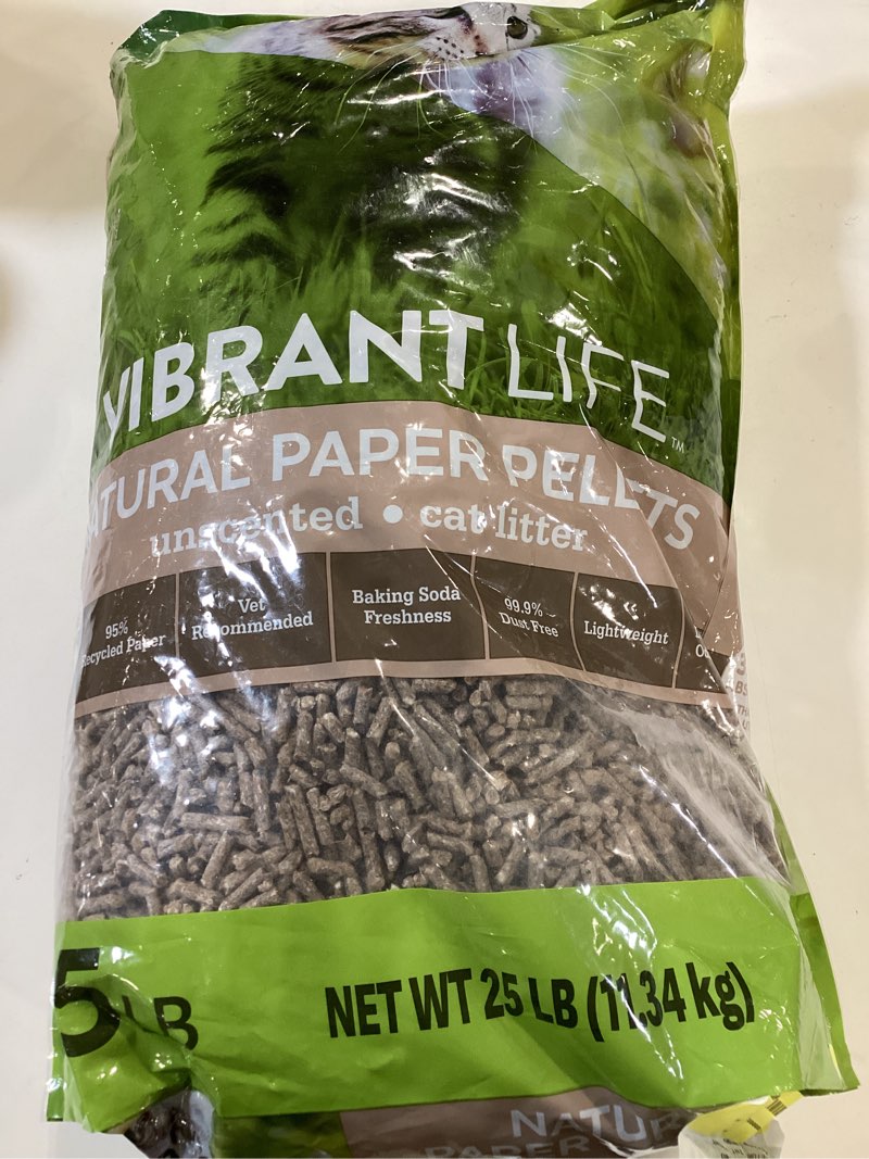 Condition photo showing New/Like New for vibrant life natural paper pellets cat litter, unscented, 25 lb bag