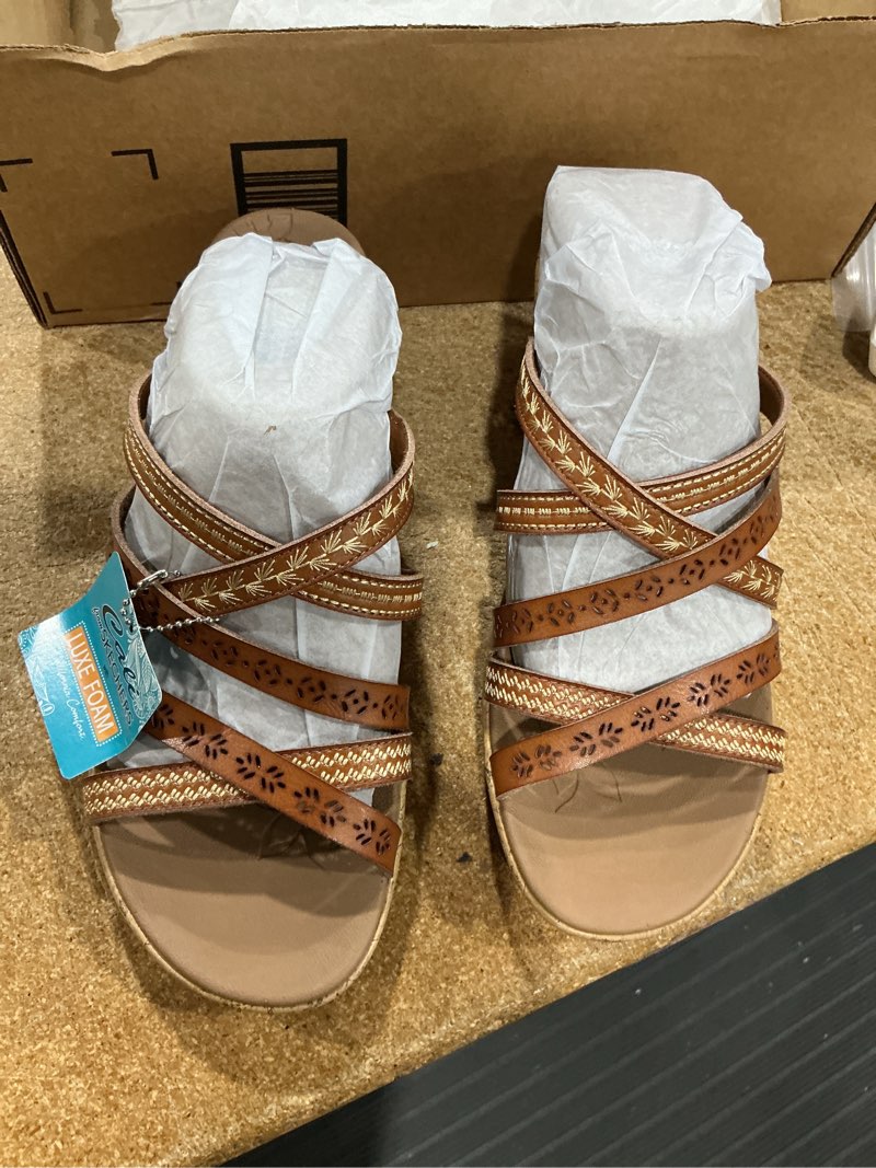 Condition photo showing Good Condition for skechers cali luxe foam tan wedge sandals with intricate straps size 9