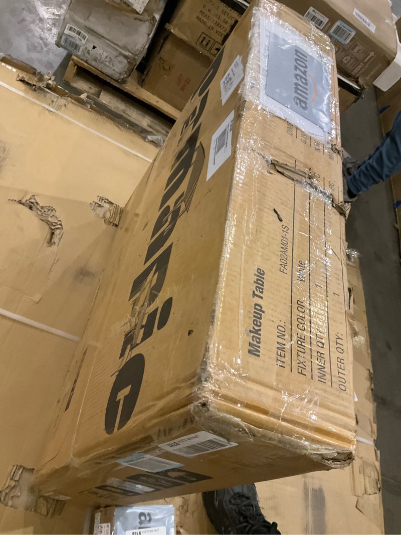 Condition photo showing As Is for Pamapic 11 Drawers Vanity Desk with Foldable Mirror, Glass Top Makeup Vanity with LED Lights, 3 Lighting Modes, Golden Handles Dressing Table with Chair and Power Outlet White 46.1"*15.8"*56.1"