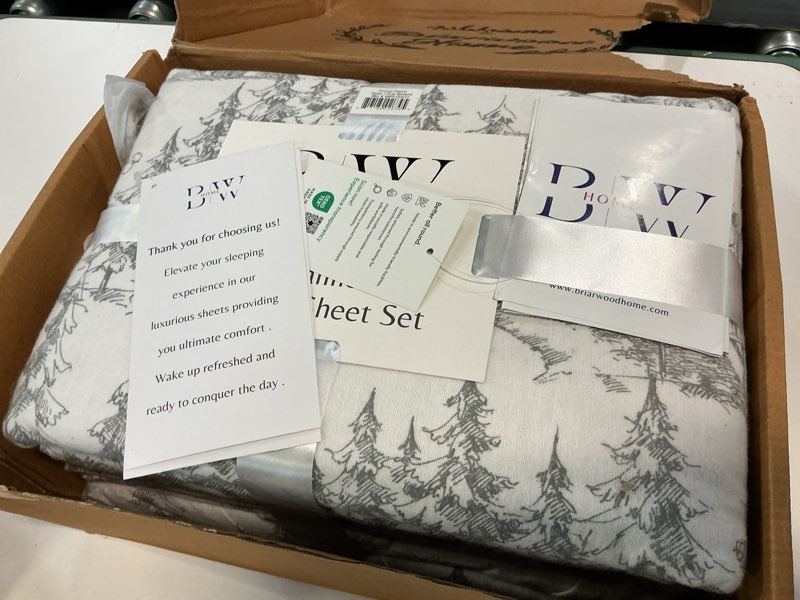 Condition photo showing New/Like New for briarwood home printed flannel sheet set, 100% natural cotton, soft, warm & deep pocket, resistance to pilling, brushed 6 times for softness, 4 piece, grey sylvania, queen queen set grey sylvania