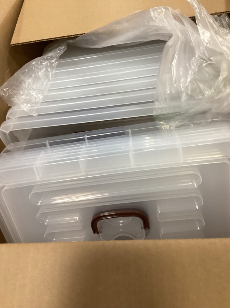 Condition photo showing As Is for wyt 6 pack 17qt clear plastic storage bin with lid and latching buckles, stackable tote organizing box with handle 17qt - 6 pack