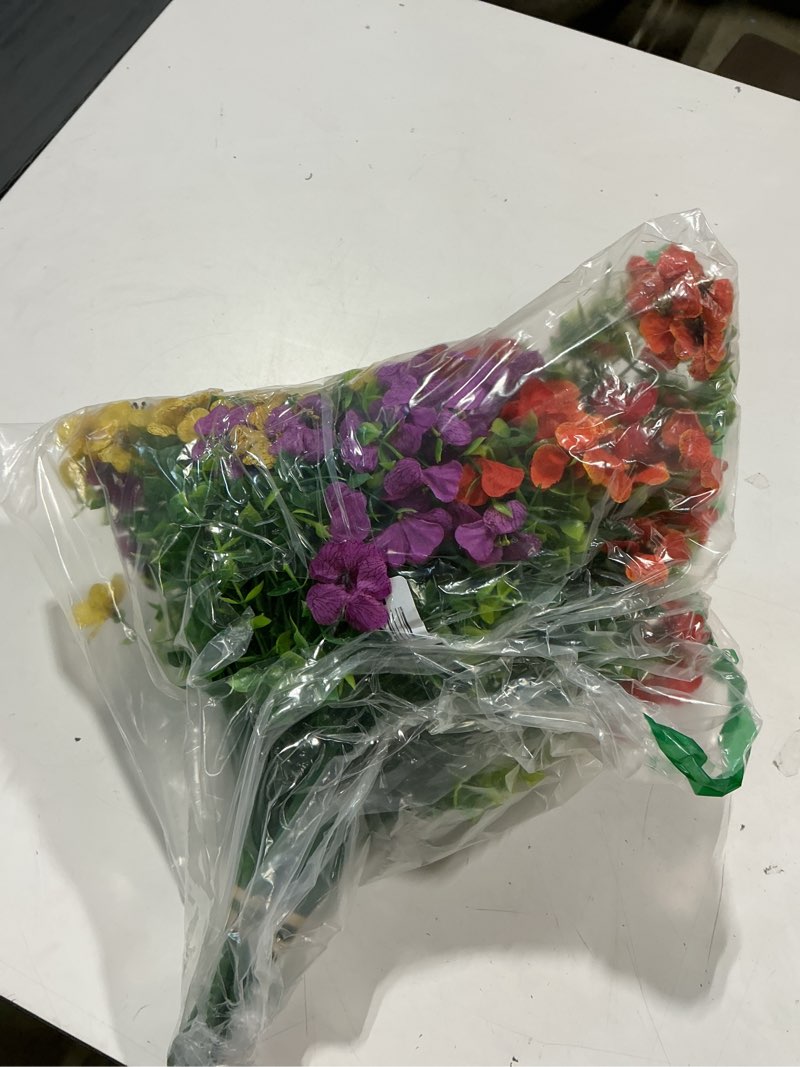 Condition photo showing Good Condition for 12 bundles artificial fake flowers for outdoor spring summer decoration, faux plants flowers silk colorful mix daisy realistic uv resistant for porch patio home planter balcony yard decor