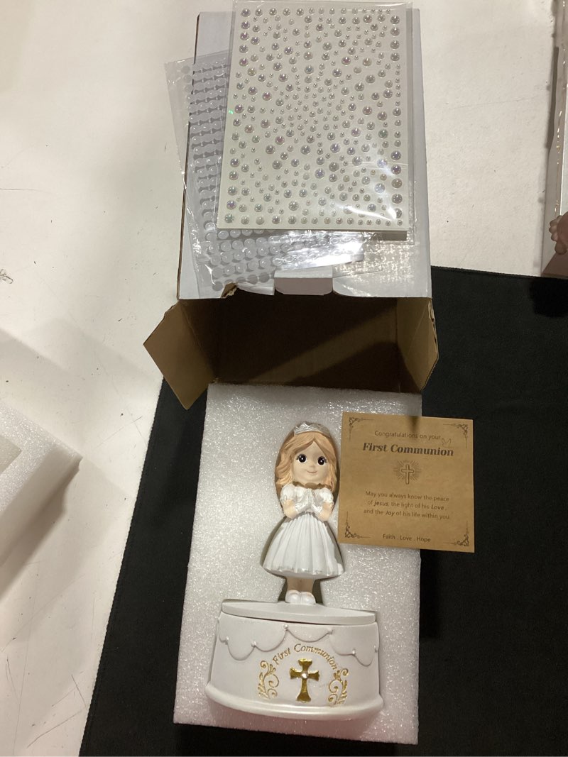 Condition photo showing Good Condition for first communion gifts for girls - 1st holy communion gift with prayerful girl figurine, keepsake box & pearl bracelet - religious keepsake gift for girls