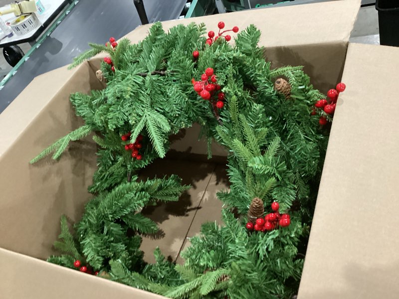 Condition photo showing As Is for large outdoor christmas wreath, 24 inch christmas wreaths for front door outside, farmhouse indoor winter wreath window, home decorations with pine cones, red berries, evergreen leaves