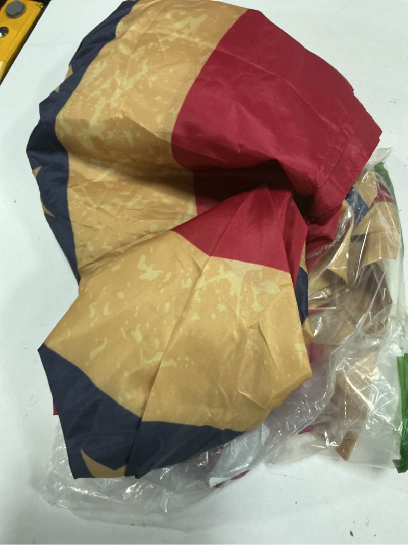 Condition photo showing As Is for fanfanwin 6 pcs tea stained patriotic bunting flags 2x4 ft 250th anniversary patriotic decorations hanging american half fan flag banner for outside independence day memorial day with brass grommets