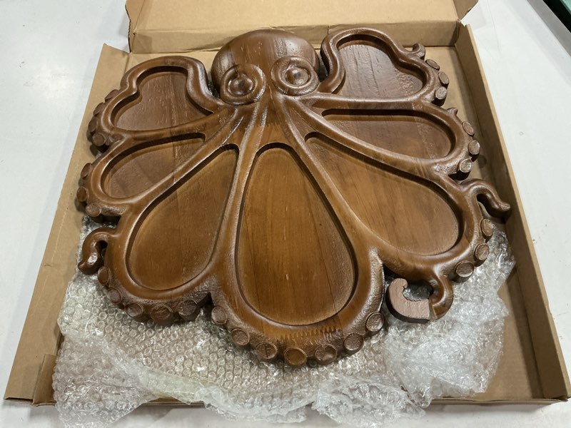 Condition photo showing As Is for octopus charcuterie board,15.5" x 13.8" wooden serving tray platter with tentacle design for cheese fruit bread,food dish serving dishes,house warming gifts new home,7 compartments