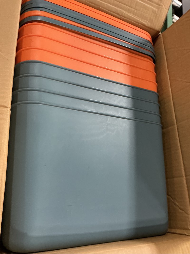 Condition photo showing Good Condition for hoolerry 8 pieces colorful storage bins with lid, plastic storage basket organizing container stackable box with handle for shelves desktop playroom office(14.2 x 10.2 x 9.5 inch,blue and orange) 14.2 x 10.2 x 9.5 inch blue and orange