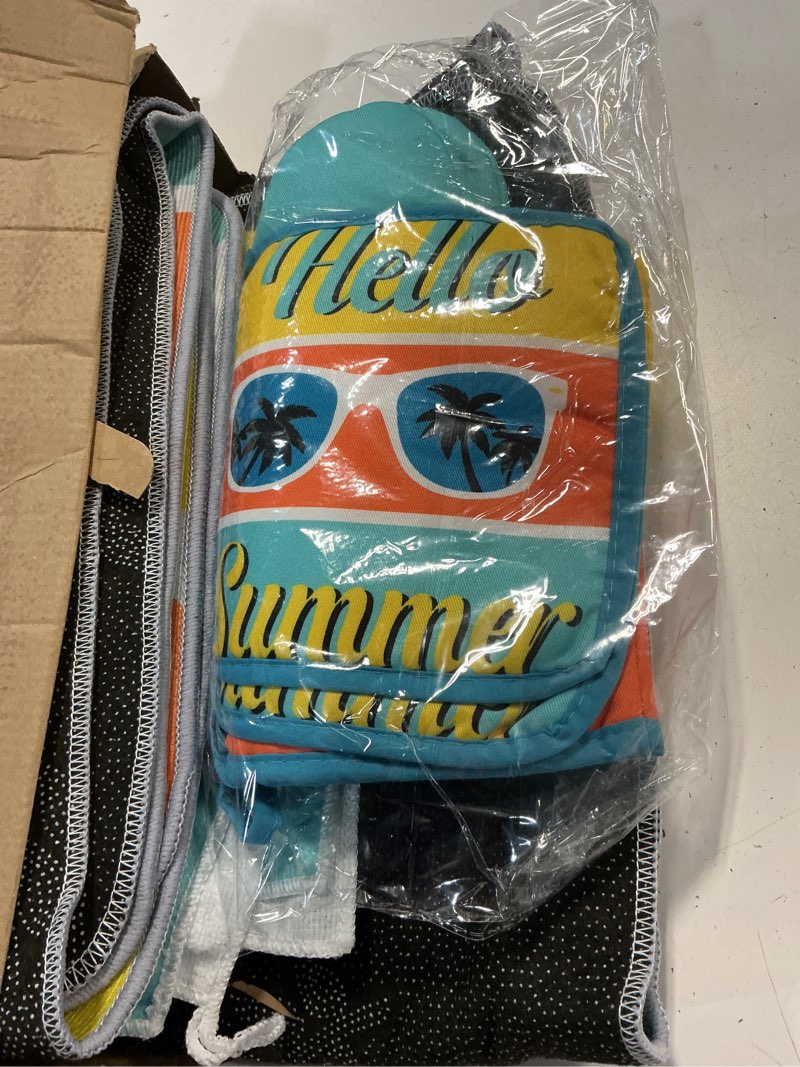 Condition photo showing Good Condition for fourluoo 10 pcs hello summer kitchen decor and accessories sunshine beach oven mitts and pot holders set sunglass dish towels boho kitchen decor palm gloves for baking cooking grilling bbq women gift blue summer