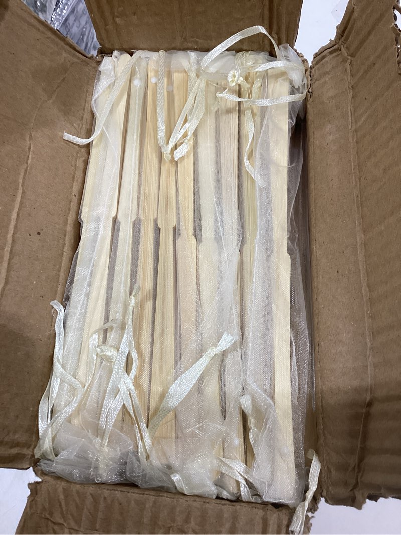 Condition photo showing Good Condition for 50pcs cream-coloured imitated silk fabric bamboo folded hand fan bridal dancing props church wedding party favors with organza bags
