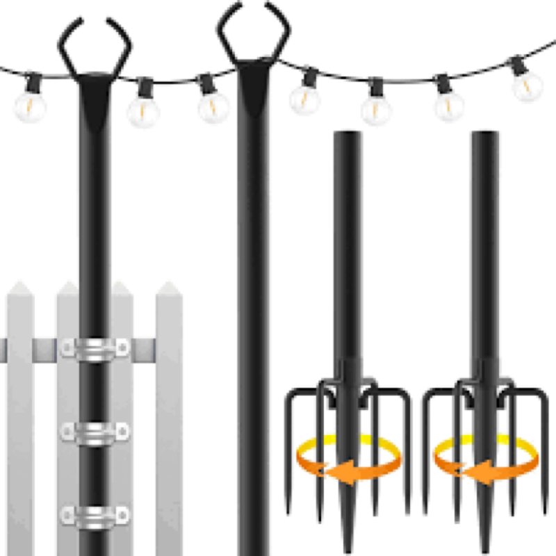 4 Pack 9.3Ft String Light Poles, Outside Metal Poles with Fork, Lighting Hanging Post Accessories fo