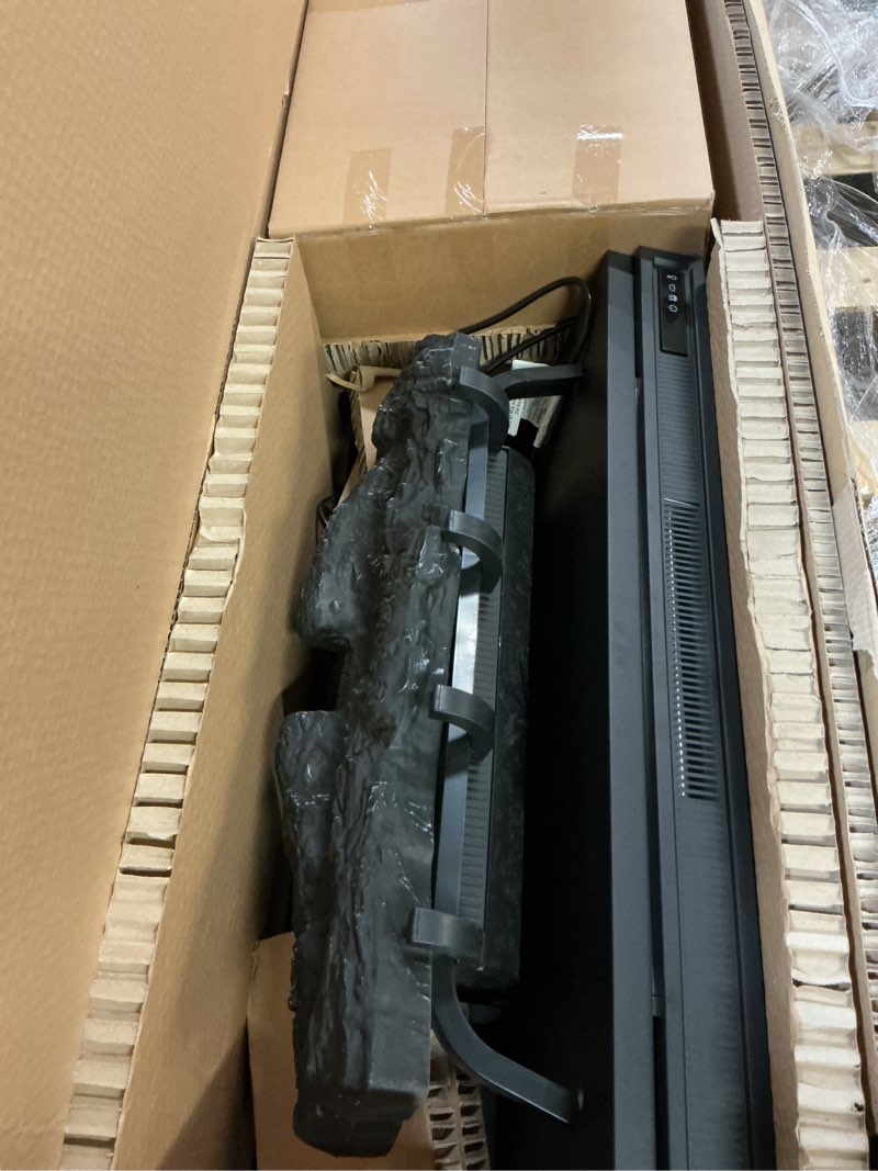 Condition photo showing As Is for allen + roth 72-in W Brown Walnut TV Stand with Infrared quartz Flat Wall Electric Fireplace with