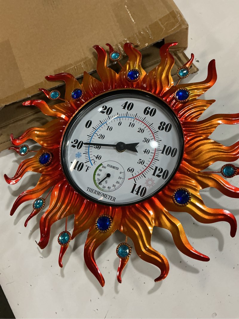 Condition photo showing New/Like New for indoor outdoor thermometer, sun wall mounted thermometer waterproof decorative for patio, living room, garden greenhouse, wine cellar, no batteries required