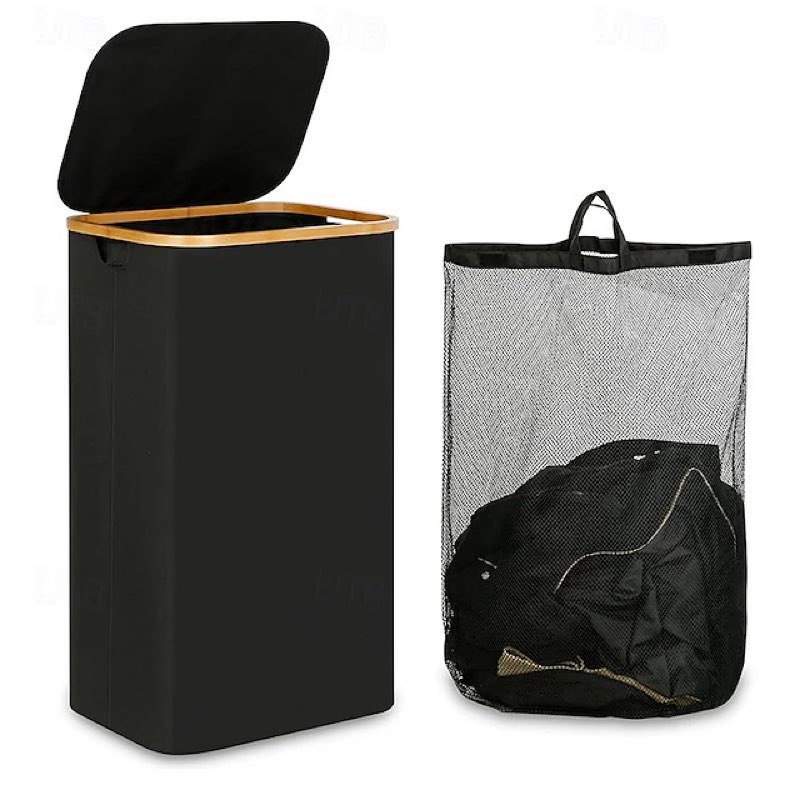 100l laundry basket with lid, clothes hampers for laundry with bamboo handles and a removable laundry bag, large foldable laundry hamper for bedroom, bathroom,
