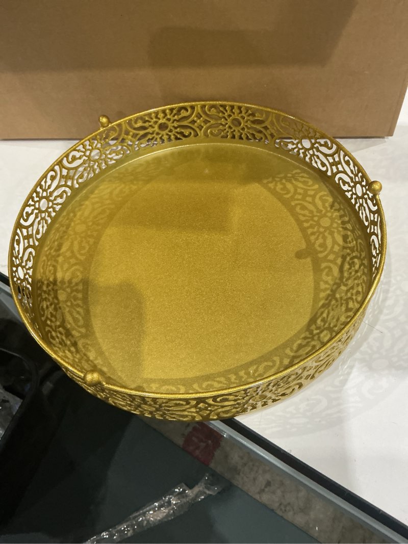 Condition photo showing As Is for cake stand, metal round cupcake dessert stand cake display holder cookies fruit serving tray decor for wedding party birthday baby showers anniversary (12in, gold) gold 12in