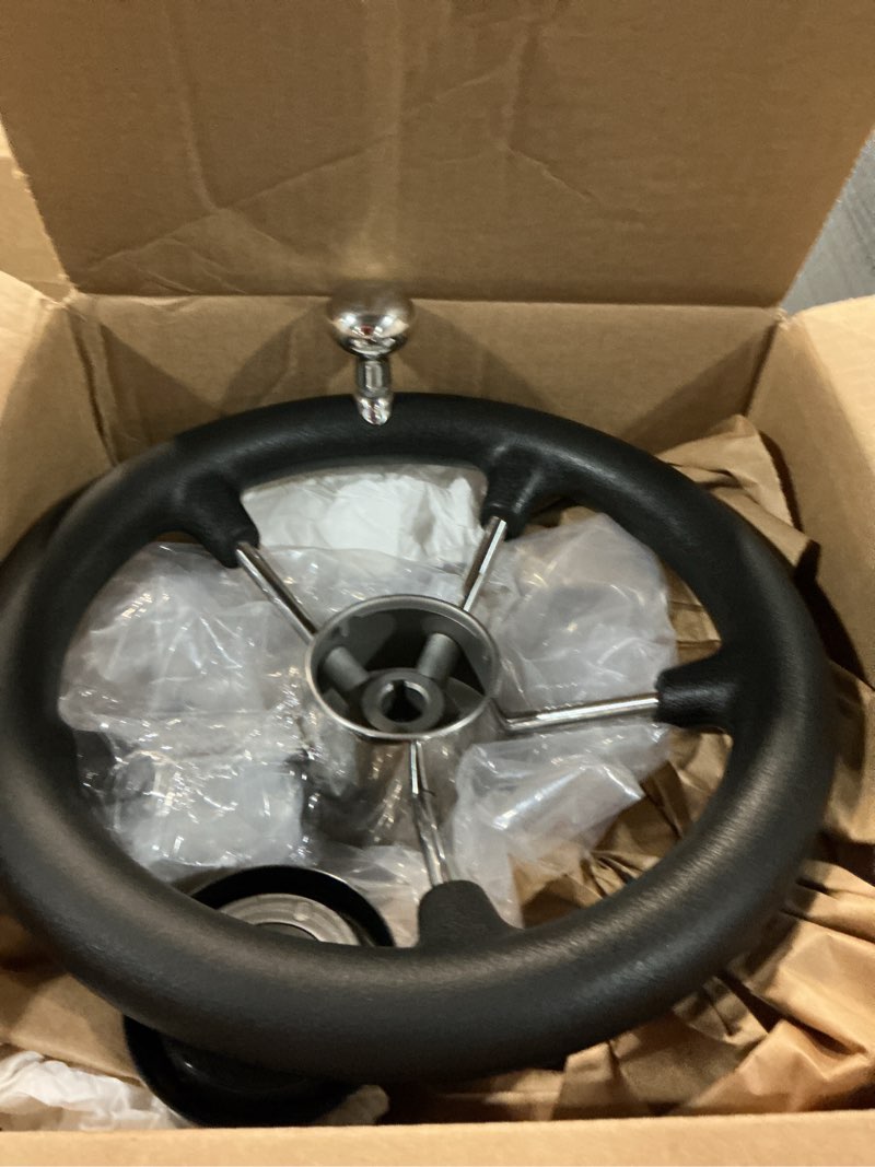 Condition photo showing Good Condition for 11 inch boat steering wheel, stainless steel marine steering wheel adapter fit 3/4" tapered shaft, 5 spoke black pu foam anti-slip, destroyer style with control knob for boats, yachts, pontoon boats black 11"