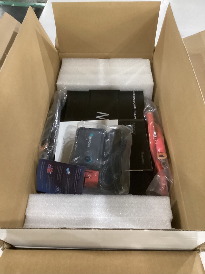 Condition photo showing Good Condition for not tested**** renogy inverter p2 2000w pure sine wave inverter 12v dc to 110v ac converter, off-grid solar power inverters for vehicles, truck, rv, home, with built-in 5v/2.1a usb / hardwire port, remote controller 2000w(no bt & ats)