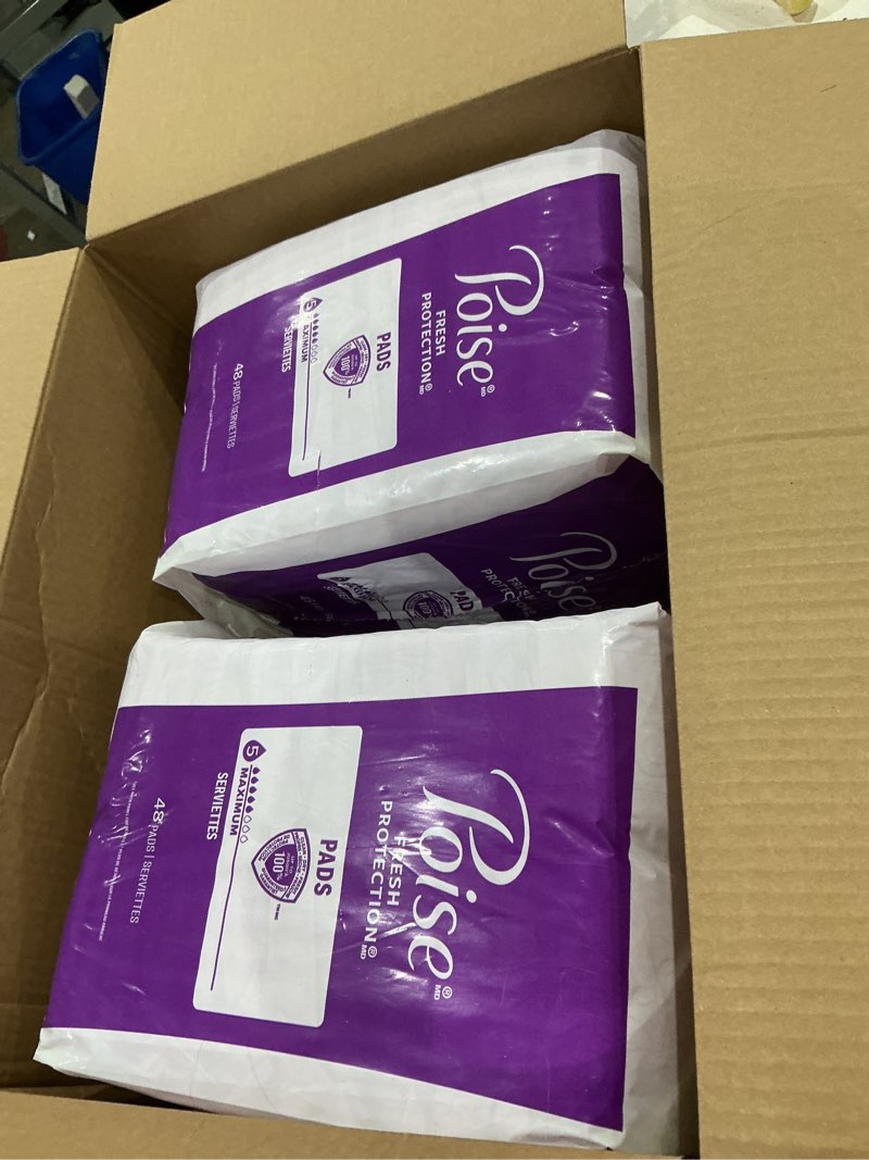 Condition photo showing As Is for poise incontinence & postpartum pads for bladder leaks, 5 drop maximum absorbency, regular length, 96 count, packaging may vary