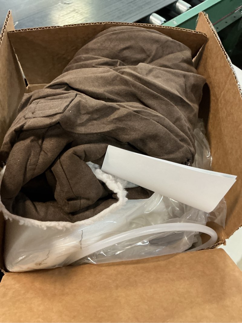 Condition photo showing As Is for FurHaven Round Orthopedic Dog Bed for Medium Dogs, Egg Crate with a Solid Orthopedic Foam Base with Attached Blanket Hood and Removable Washable Cover, Medium, Sherpa & Suede Snuggery, Espresso Espresso Medium