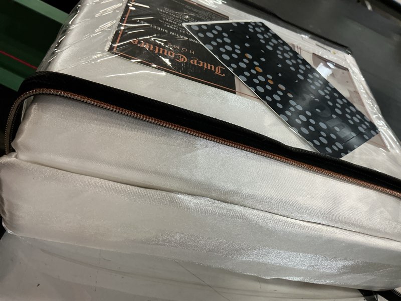 Condition photo showing Good Condition for juicy couture silky satin damask sheet set - luxury white bedding - smooth striped sheets - king size king - 4 piece set white damask stripe