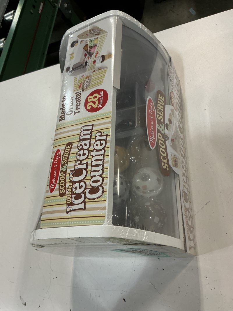 Condition photo showing New/Like New for melissa & doug wooden scoop & serve ice cream counter, pretend play store, 28 toy food & play kitchen accessories, preschool toys for girls & boys 3+ main